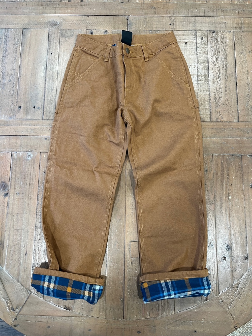 Carhartt flannel lined carpenter pants boys size 10 tan duck cloth plaid